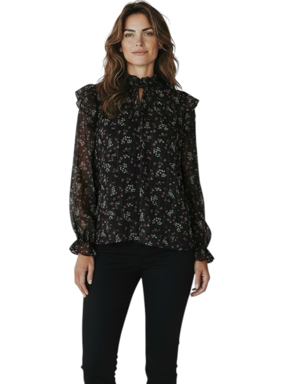 NWT CECE Black Floral Ruffle Sheer Long Sleeve Tie Neck Blouse Size Medium - Picture 2 of 6